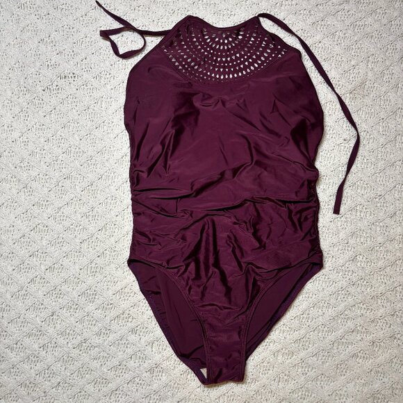 Merona Burgundy One-Piece Swimsuit with Laser Cut Halter – Women’s L - Picture 2 of 9